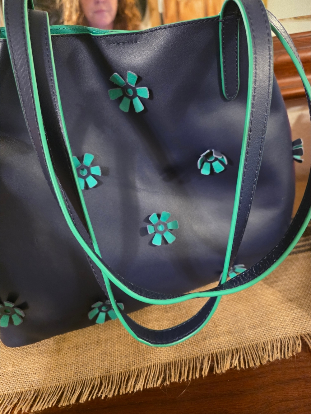 TALBOTS Navy Leather Tote Bag with Teal Floral Accents - Picture 4 of 6